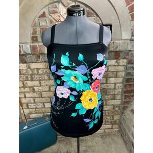 one piece swimsuit floral Vintage 1980s modesty panel